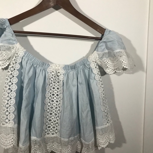 Dotti Blue and White Lace Off the Shoulder Top - Picture 4 of 5